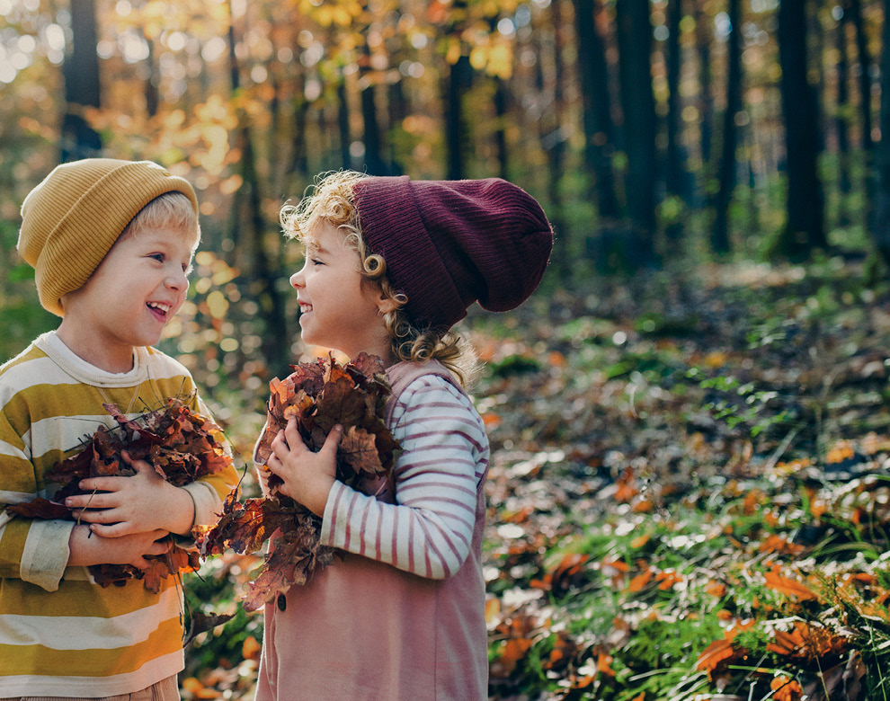 Bub und Mädchen sammeln im Wald Laub