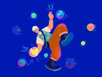 Illustration von einem Jungen vor einem blauen Hintergrund, der einen Ball in der Hand hat. Um ihn herum kreisen Weitere Bälle und Punkte.